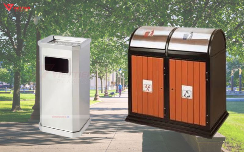 Thùng rác nhựa Composite. 
Thùng rác công cộng ngoài trời bằng inox/ thép phun sơn tĩnh điện
