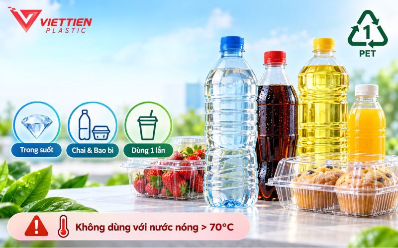 PET trong suốt, phổ biến trong chai nước và bao bì