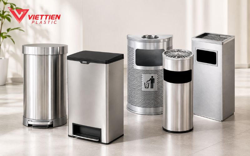 Thùng rác inox có bề mặt sáng, phù hợp không gian chú trọng thẩm mỹ