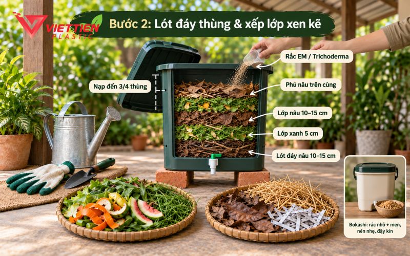 Cách xếp lớp khi tự ủ phân hữu cơ tại nhà