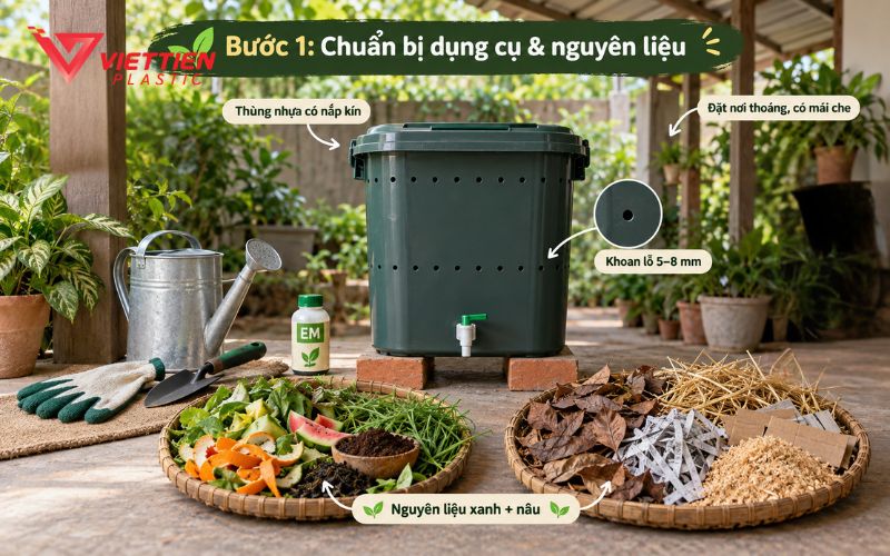 Chuẩn bị thùng nhựa và nguyên liệu ủ phân hữu cơ