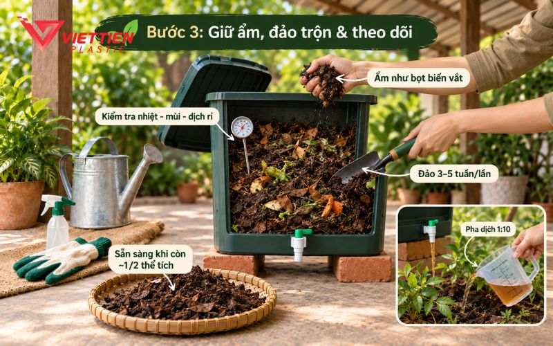 Giữ ẩm và đảo trộn phân hữu cơ đúng cách